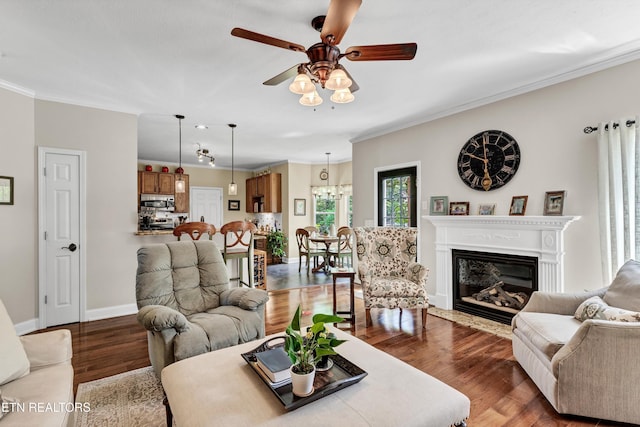 714 Cambridge Crest Ln, Knoxville, TN 37919 - living area featuring a ceiling fan, ornamental molding, wood finished floors, baseboards, and a glass covered fireplace