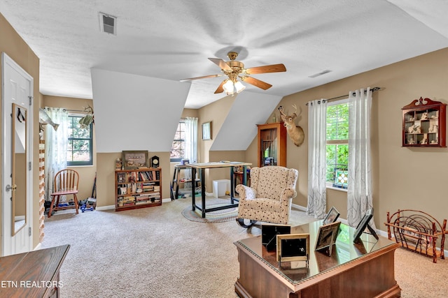 714 Cambridge Crest Ln, Knoxville, TN 37919 - living area with carpet, ceiling fan, baseboards, and a textured ceiling