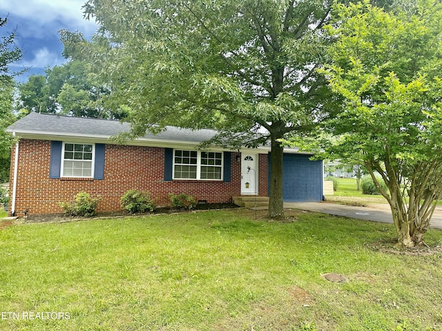 view of front of property featuring a front yard, brick siding, a shingled roof, and entry steps