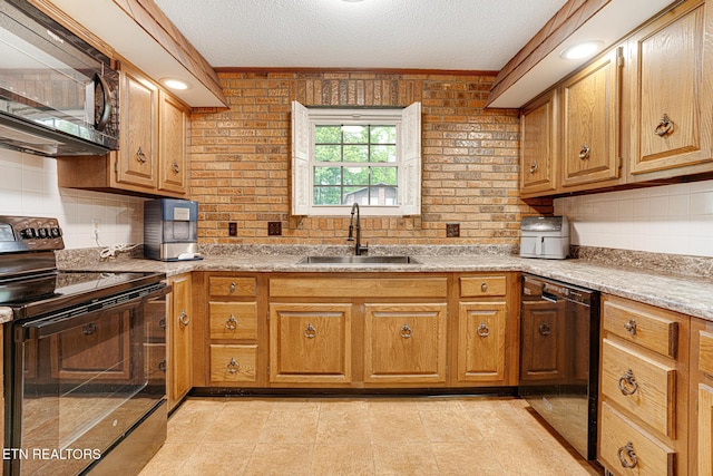 8000 Berkshire Blvd, Powell, TN 37849 - kitchen featuring black appliances, a sink, decorative backsplash, a textured ceiling, and brown cabinets