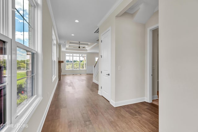1123 Branch Hook Rd, Knoxville, TN 37934 - corridor with wood finished floors, ornamental molding, recessed lighting, a tray ceiling, and baseboards