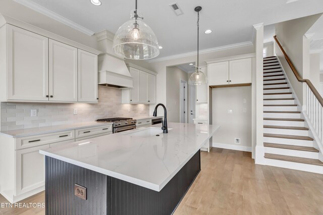 1123 Branch Hook Rd, Knoxville, TN 37934 - kitchen with a sink, high end stainless steel range, custom exhaust hood, white cabinetry, and recessed lighting