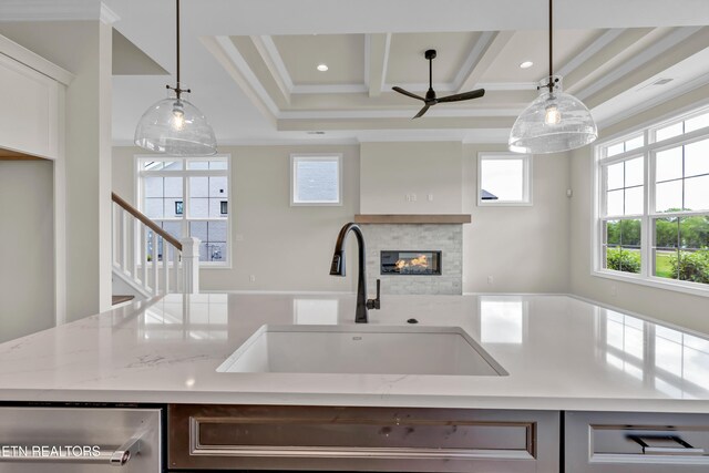 1123 Branch Hook Rd, Knoxville, TN 37934 - kitchen with a sink, ceiling fan, a glass covered fireplace, ornamental molding, and dishwasher