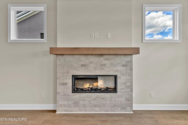 1123 Branch Hook Rd, Knoxville, TN 37934 - detailed view of baseboards, wood finished floors, and a warm lit fireplace