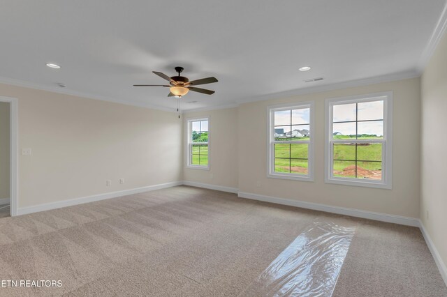 1123 Branch Hook Rd, Knoxville, TN 37934 - spare room featuring crown molding, light colored carpet, a ceiling fan, baseboards, and recessed lighting