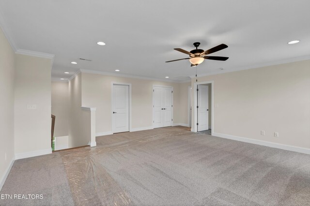 1123 Branch Hook Rd, Knoxville, TN 37934 - empty room featuring carpet, recessed lighting, a ceiling fan, crown molding, and baseboards