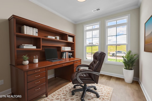 1123 Branch Hook Rd, Knoxville, TN 37934 - office space featuring ornamental molding, light wood finished floors, baseboards, and built in desk