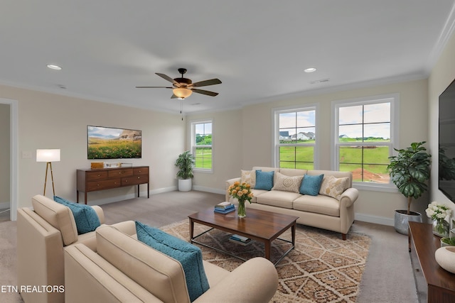 1123 Branch Hook Rd, Knoxville, TN 37934 - living room featuring baseboards, carpet, ceiling fan, crown molding, and recessed lighting