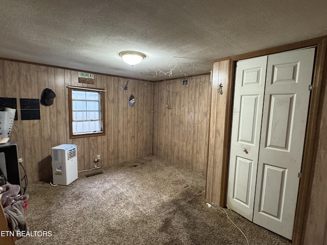 3441 Glendale Rd, Bybee, TN 37713 - miscellaneous room with carpet flooring, wooden walls, and a textured ceiling
