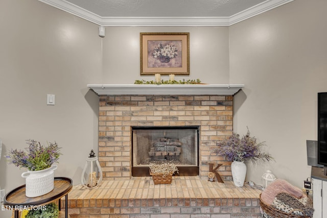 detailed view of ornamental molding and a fireplace
