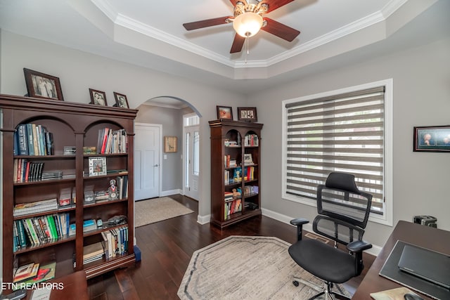 109 Niwodihi Trl, Vonore, TN 37885 - home office with a tray ceiling, arched walkways, ceiling fan, baseboards, and wood finished floors