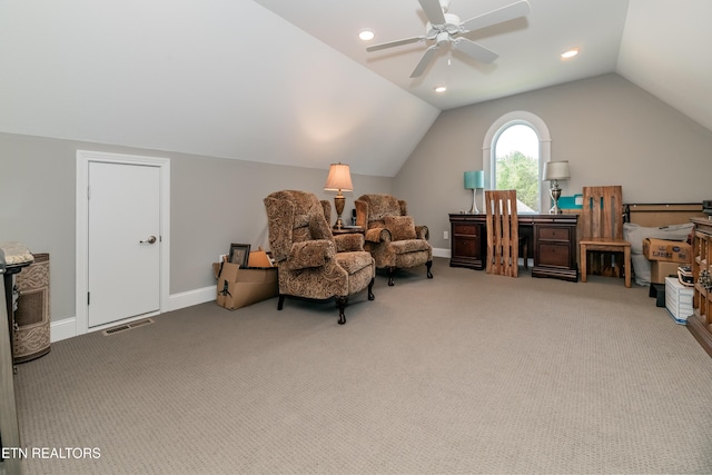 109 Niwodihi Trl, Vonore, TN 37885 - living area featuring vaulted ceiling, a ceiling fan, carpet, baseboards, and recessed lighting