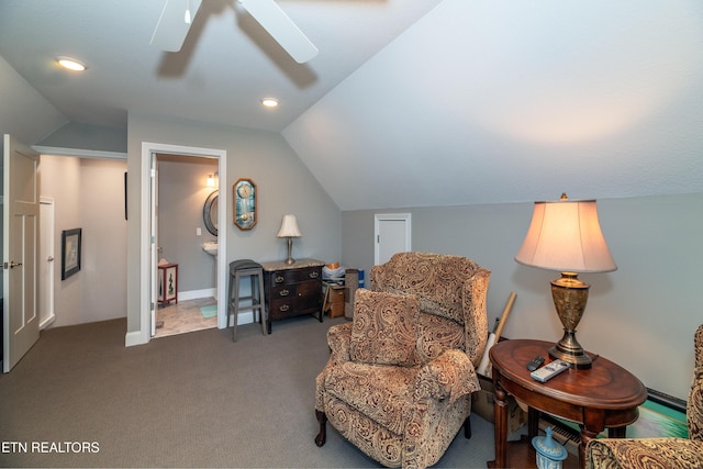 109 Niwodihi Trl, Vonore, TN 37885 - living area featuring ceiling fan, lofted ceiling, carpet floors, and recessed lighting