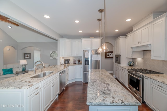 109 Niwodihi Trl, Vonore, TN 37885 - kitchen with stainless steel appliances, a sink, a peninsula, a center island, and under cabinet range hood
