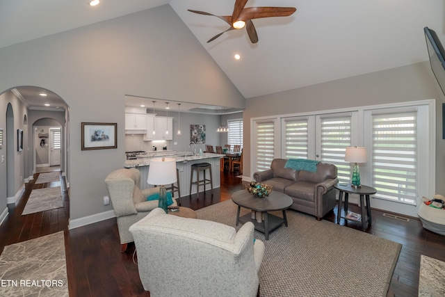 109 Niwodihi Trl, Vonore, TN 37885 - living area with a ceiling fan, high vaulted ceiling, plenty of natural light, dark wood-style floors, and baseboards