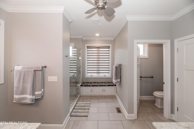 109 Niwodihi Trl, Vonore, TN 37885 - full bathroom featuring a shower stall, ceiling fan, toilet, baseboards, and crown molding