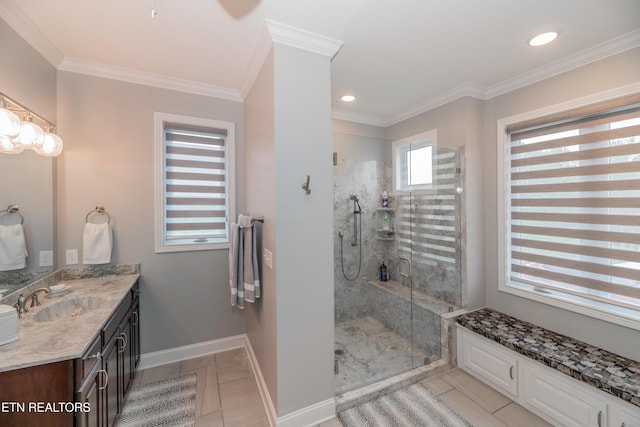 109 Niwodihi Trl, Vonore, TN 37885 - bathroom featuring a shower stall, vanity, tile patterned flooring, baseboards, and crown molding
