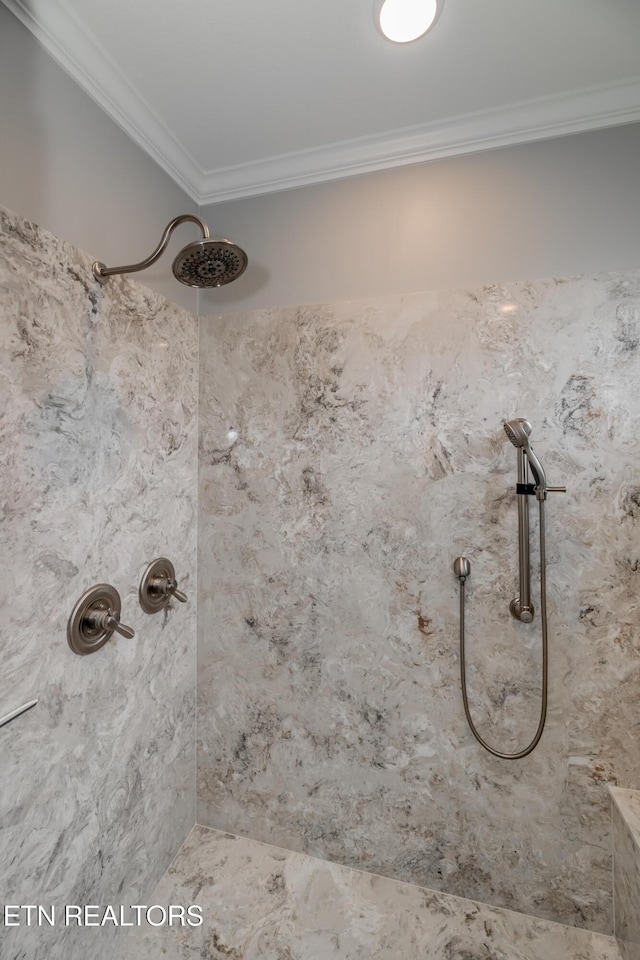 109 Niwodihi Trl, Vonore, TN 37885 - bathroom featuring crown molding and a tile shower