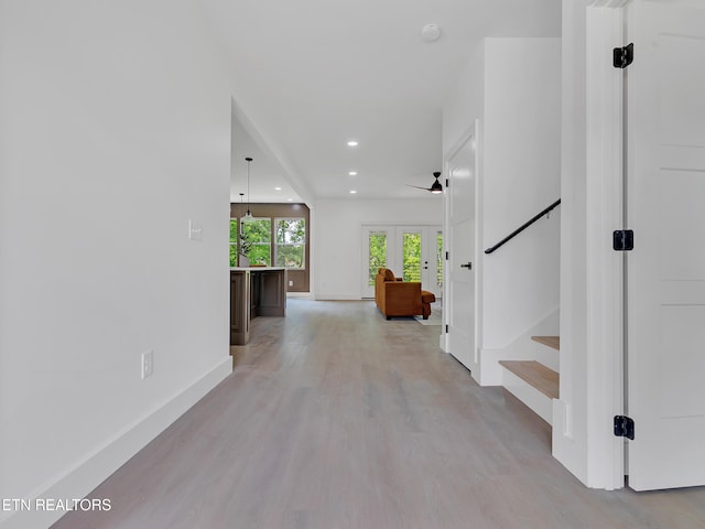 1715 Serene Cove Way, Knoxville, TN 37920 - hallway featuring light wood-type flooring, stairway, recessed lighting, baseboards, and french doors