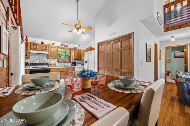 3364 Rocky Ridge Rd, Cosby, TN 37722 - dining area featuring ceiling fan, high vaulted ceiling, and light wood finished floors