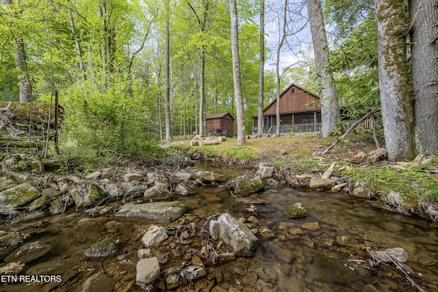 3364 Rocky Ridge Rd, Cosby, TN 37722 - view of yard featuring an outdoor structure, a storage shed, and a view of trees