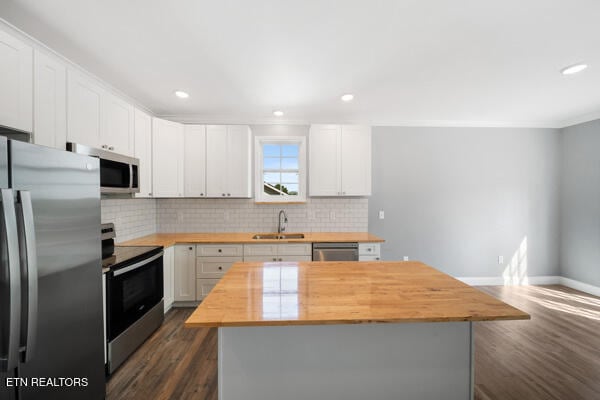 3966 Mountain Vista Rd, Knoxville, TN 37931 - kitchen featuring wooden counters, appliances with stainless steel finishes, a sink, dark wood-style flooring, and backsplash
