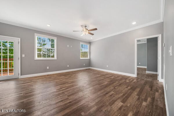 3966 Mountain Vista Rd, Knoxville, TN 37931 - unfurnished living room with crown molding, healthy amount of natural light, a ceiling fan, baseboards, and dark wood-type flooring