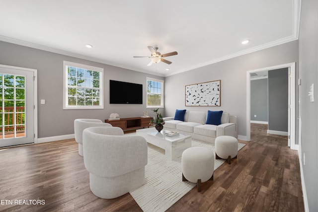 3966 Mountain Vista Rd, Knoxville, TN 37931 - living area featuring baseboards, ornamental molding, ceiling fan, dark wood-type flooring, and recessed lighting