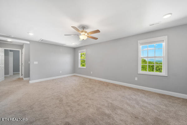 3966 Mountain Vista Rd, Knoxville, TN 37931 - empty room featuring attic access, ceiling fan, light carpet, baseboards, and recessed lighting