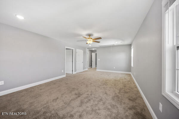 3966 Mountain Vista Rd, Knoxville, TN 37931 - empty room with attic access, light carpet, a ceiling fan, recessed lighting, and baseboards