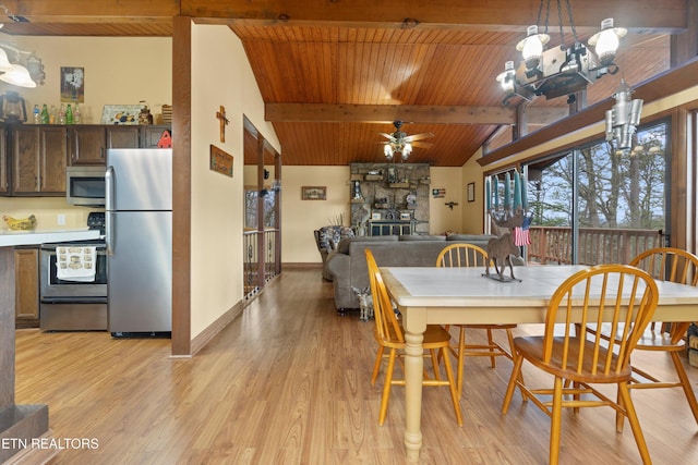 dining area featuring wood ceiling, a chandelier, light wood-style flooring, a ceiling fan, and baseboards