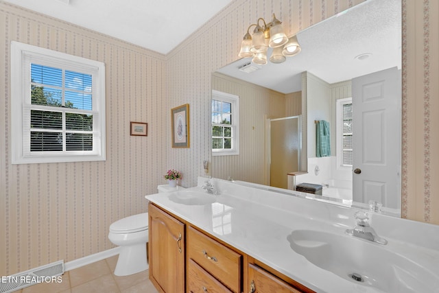 4820 Edens View Rd, Kingsport, TN 37664 - bathroom featuring a shower stall, tile patterned flooring, double vanity, a chandelier, and a bath