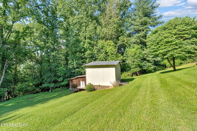 4820 Edens View Rd, Kingsport, TN 37664 - view of green lawn with a storage unit and a forest view