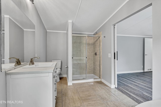 180 County Rd 853, Delano, TN 37325 - full bathroom with toilet, a shower stall, vanity, ornamental molding, and baseboards