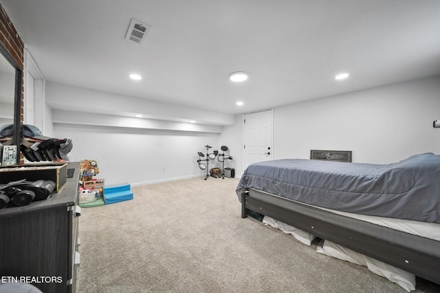 bedroom with recessed lighting, carpet flooring, and baseboards
