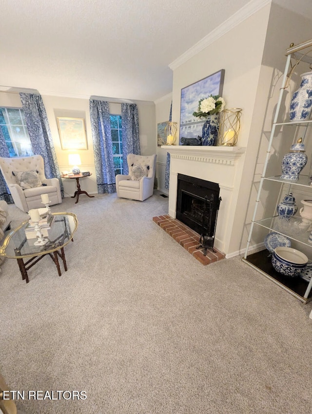 131 Chestnut Hill Rd, Oak Ridge, TN 37830 - living area featuring ornamental molding, carpet flooring, a fireplace, and a textured ceiling
