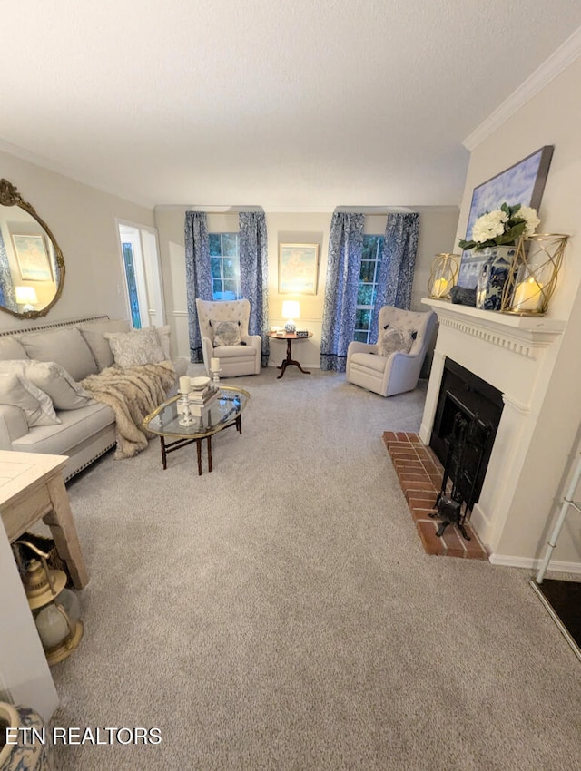131 Chestnut Hill Rd, Oak Ridge, TN 37830 - living area with a fireplace with raised hearth, carpet floors, ornamental molding, and a textured ceiling