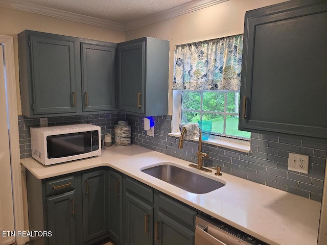 131 Chestnut Hill Rd, Oak Ridge, TN 37830 - kitchen with a sink, decorative backsplash, light countertops, stainless steel dishwasher, and ornamental molding