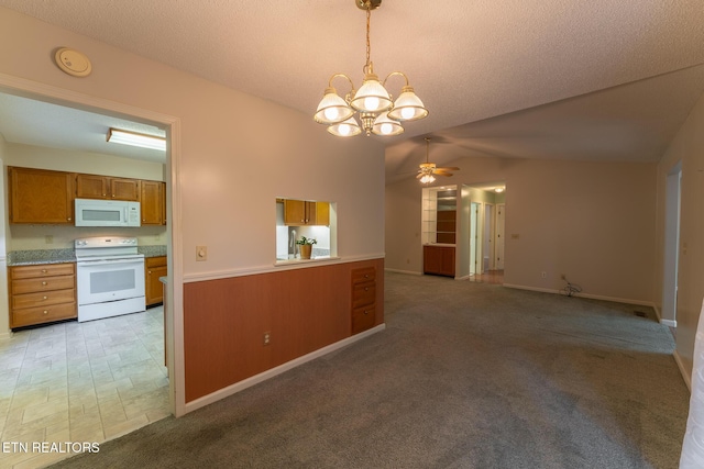 122 Mariners Dr, Crossville, TN 38558 - kitchen with white appliances, brown cabinets, ceiling fan, a chandelier, and pendant lighting