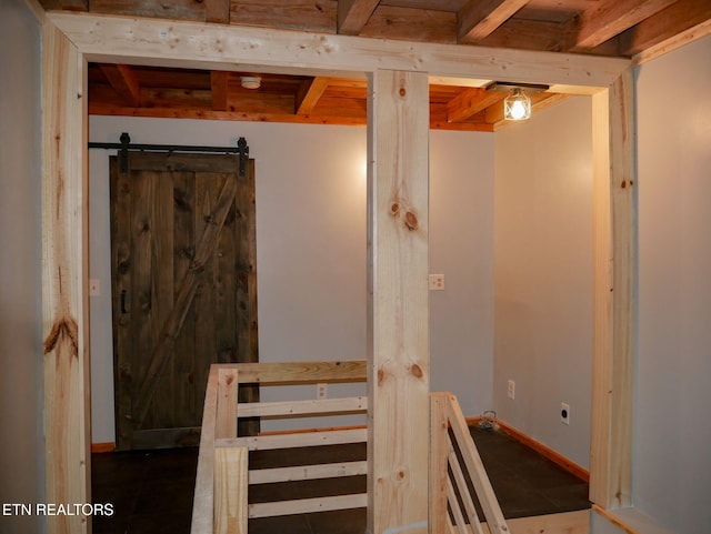 643 Airport Rd, Oakdale, TN 37829 - stairs with beamed ceiling, wooden ceiling, a barn door, and baseboards
