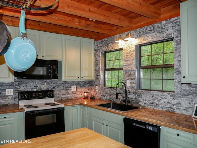 643 Airport Rd, Oakdale, TN 37829 - kitchen with black appliances, butcher block countertops, a sink, backsplash, and wood ceiling