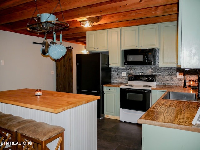 643 Airport Rd, Oakdale, TN 37829 - kitchen featuring black appliances, butcher block counters, backsplash, beamed ceiling, and a sink