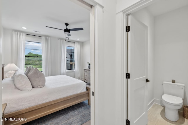 bedroom with recessed lighting, baseboards, and ceiling fan