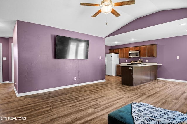 350 Hartfield Ln, Loudon, TN 37774 - kitchen featuring stainless steel appliances, light countertops, ceiling fan, vaulted ceiling, and wood finished floors