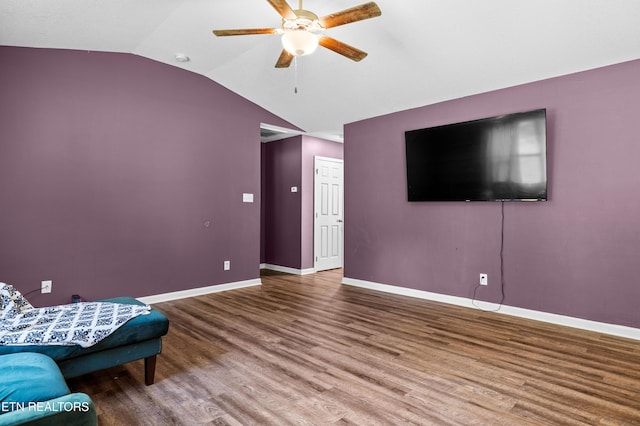 350 Hartfield Ln, Loudon, TN 37774 - living room featuring ceiling fan, lofted ceiling, wood finished floors, and baseboards