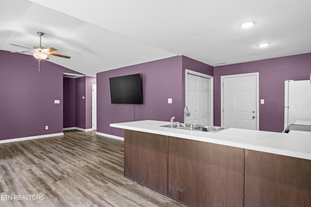 350 Hartfield Ln, Loudon, TN 37774 - kitchen featuring freestanding refrigerator, baseboards, a sink, wood finished floors, and ceiling fan