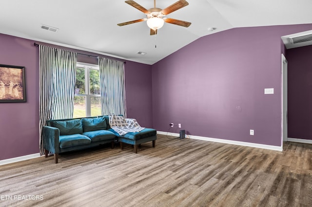 350 Hartfield Ln, Loudon, TN 37774 - living area featuring ceiling fan, vaulted ceiling, wood finished floors, and baseboards