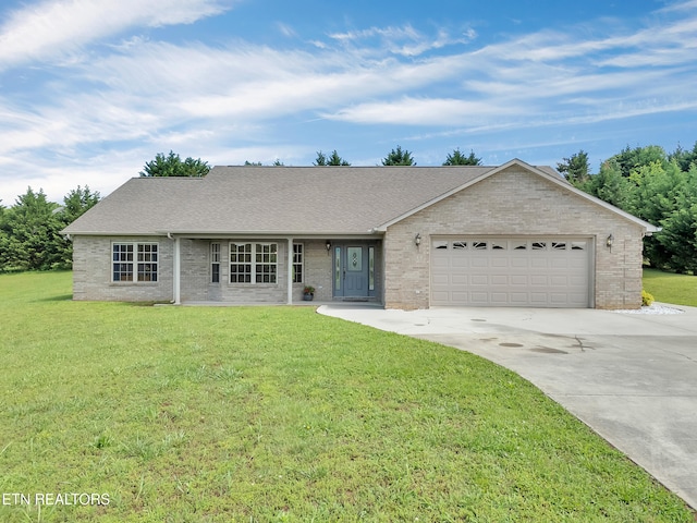 single story home with brick siding, driveway, a garage, a front lawn, and roof with shingles