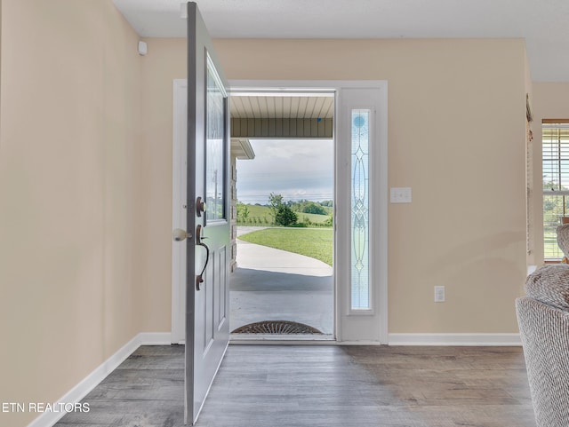 foyer featuring wood finished floors and baseboards