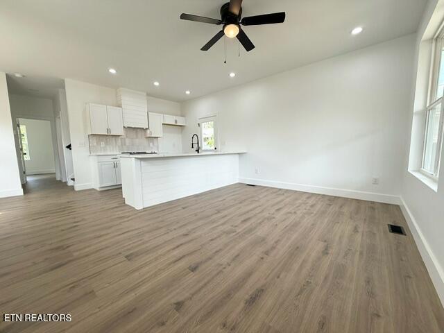 1118 NW Mercer St, Knoxville, TN 37921 - unfurnished living room featuring baseboards, a sink, a ceiling fan, wood finished floors, and recessed lighting